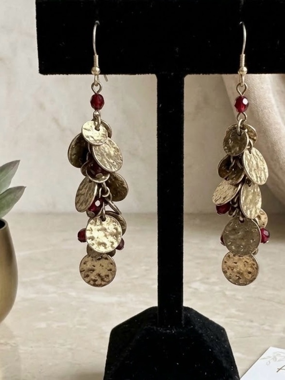 Vintage Dangle Disc Earrings with Garnet Beads - Gold Tone